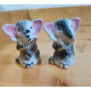 Vintage Standing Pink Grey Elephants Salt & Pepper Shakers, Japan 2.5" Corks!